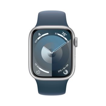Apple Watch Series 9, 41 мм, корпус из алюминия серебристого цвета, спортивный ремешок цвета грозовой синий, размер M/L